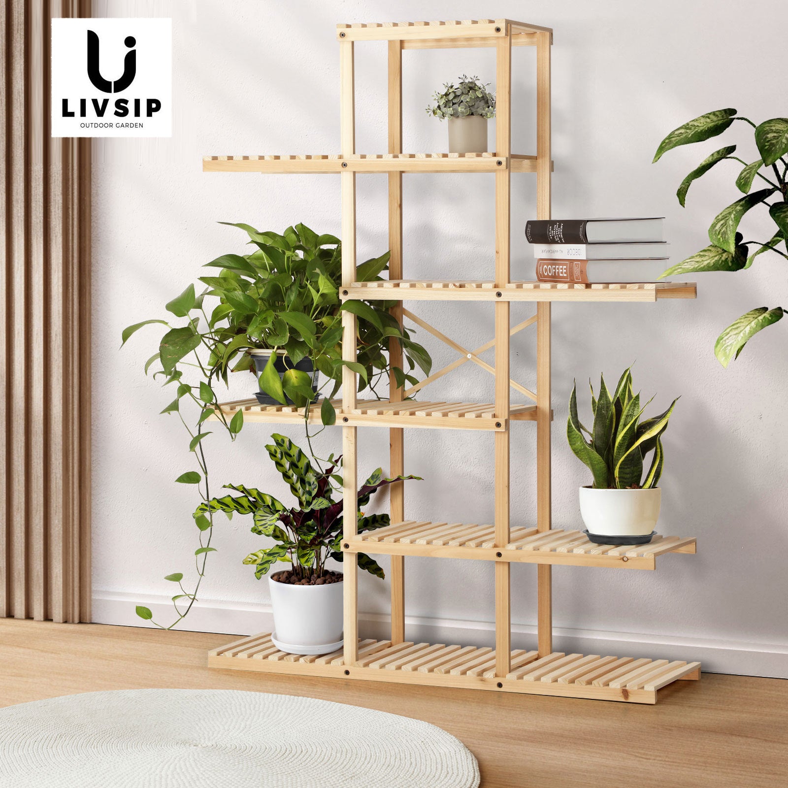 Livsip Bamboo Wood Plant Stand Flower Plants 6 Tiers Corner Display Shelves DIY - Sunyee