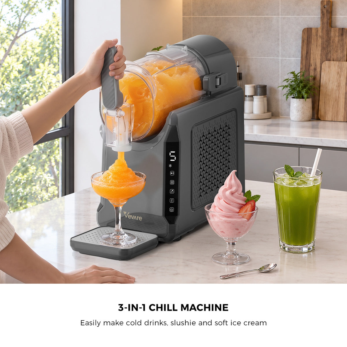 Vevare 3-in-1 Slushie Machine Chill Maker Ice Cream Slush Cold Drinks Home Grey
