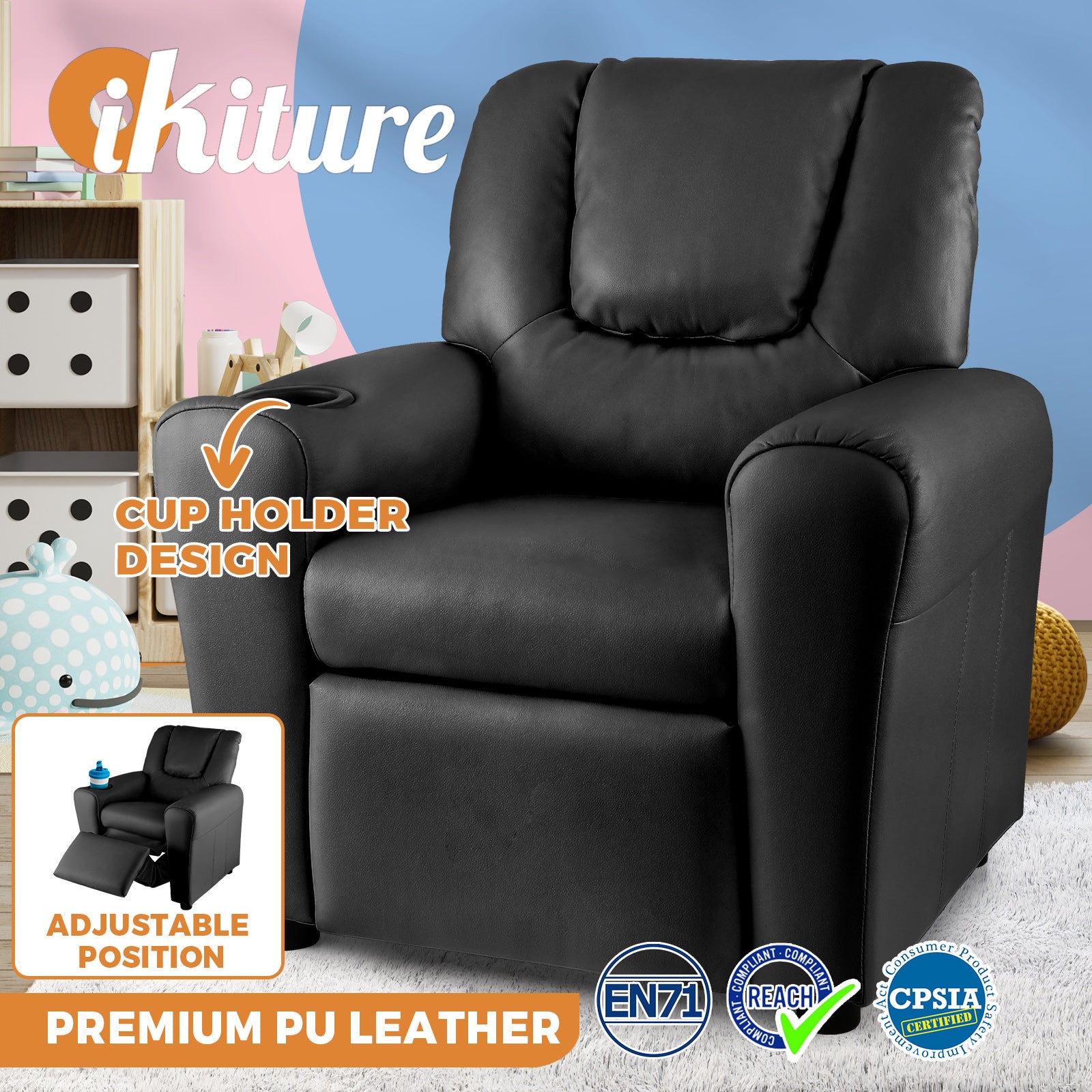 Oikiture Kids Recliner Sofa Children Lounge Chair PU Leather Couch Armchair Black - Sunyee