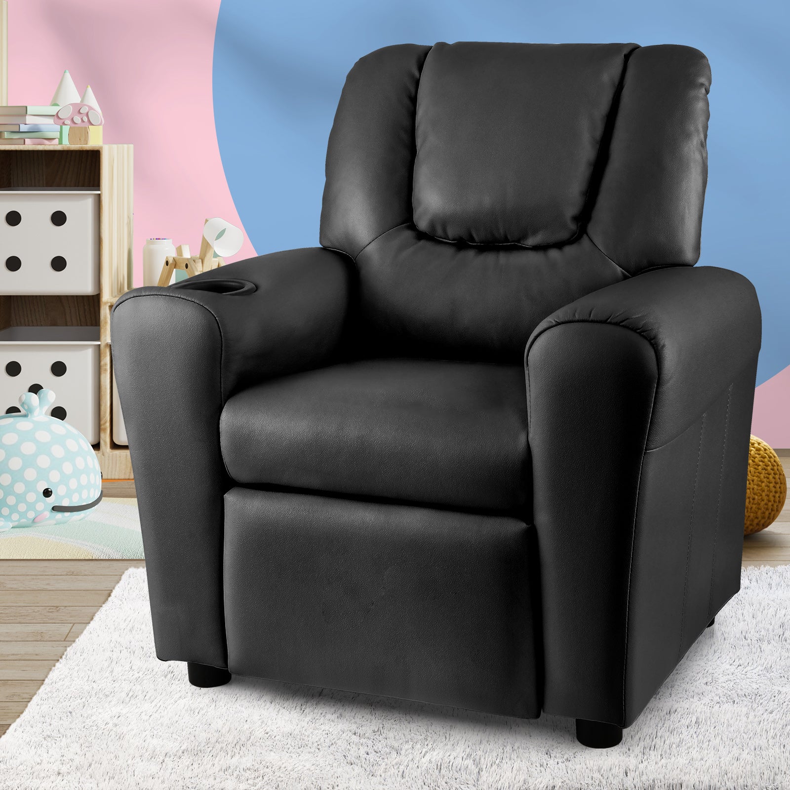 Oikiture Kids Recliner Sofa Children Lounge Chair PU Leather Couch Armchair Black - Sunyee