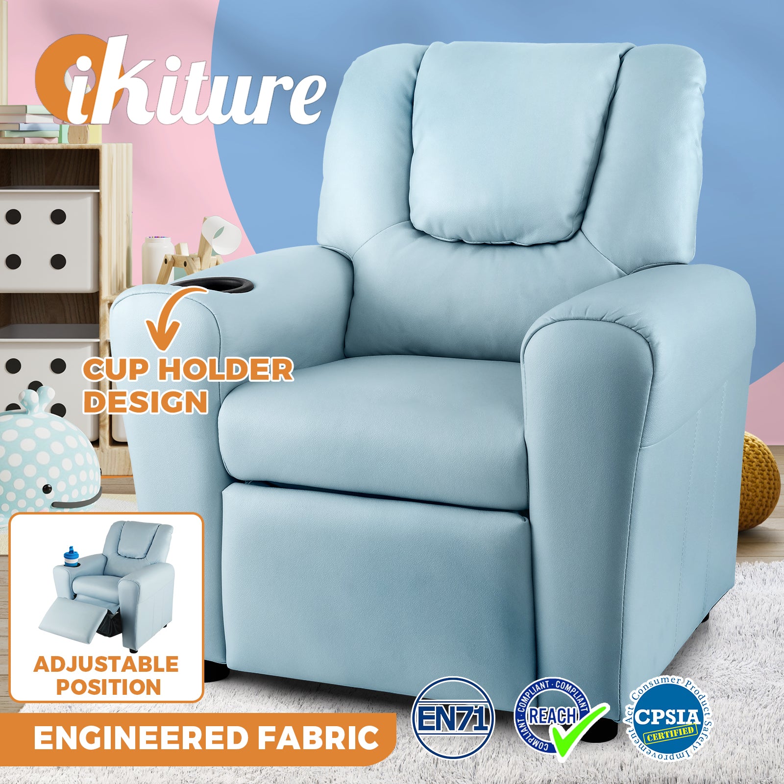 Oikiture Kids Recliner Sofa Children Lounge Chairs Engineered Fabric Armchair - Sunyee