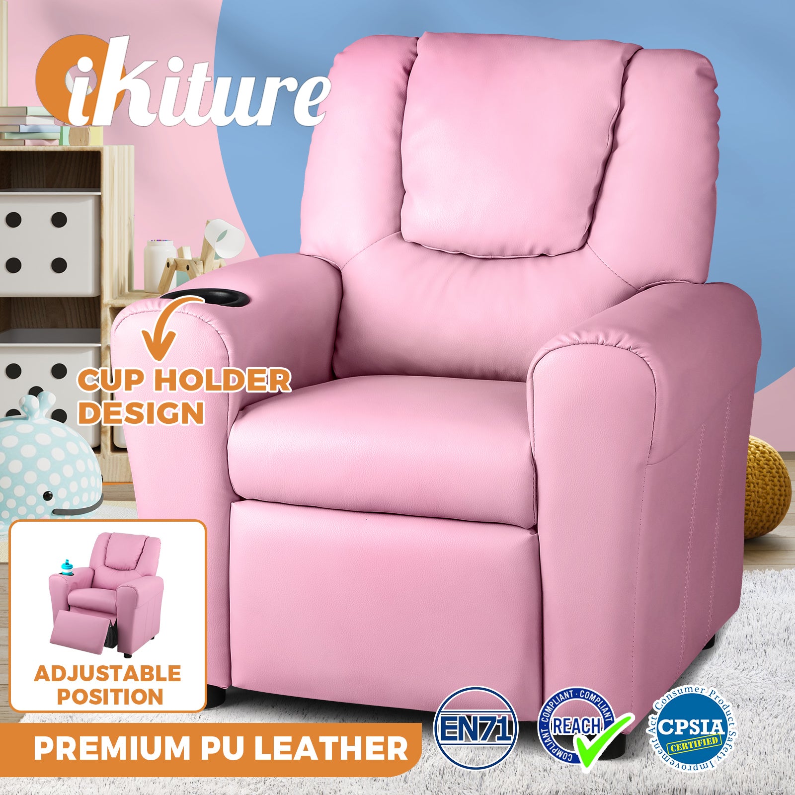 Oikiture Kids Recliner Chair Sofa Children Lounge PU Leather Couch Armchair Pink - Sunyee