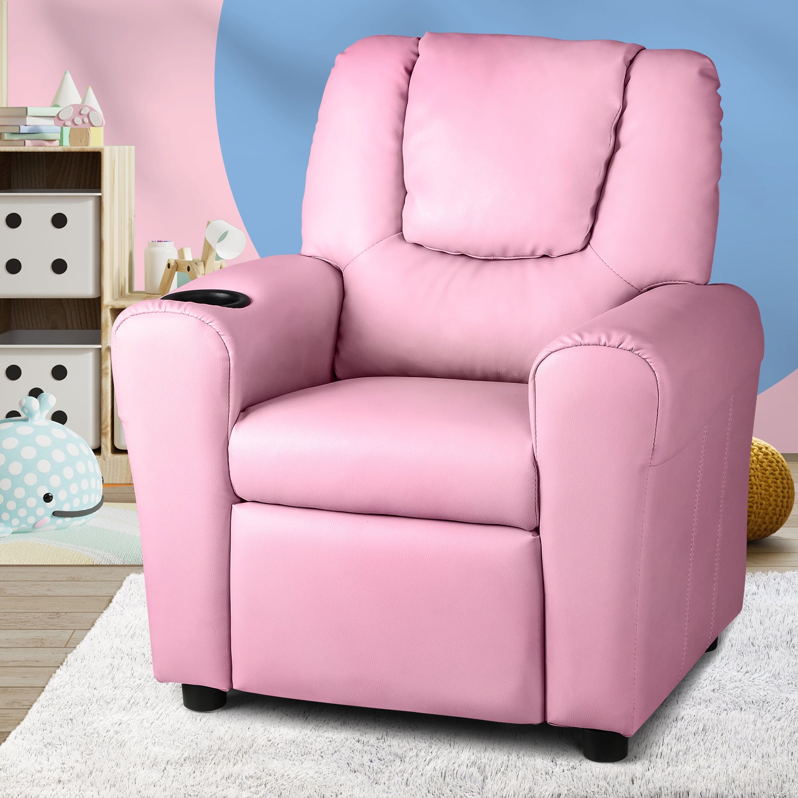 Oikiture Kids Recliner Chair Sofa Children Lounge PU Leather Couch Armchair Pink - Sunyee