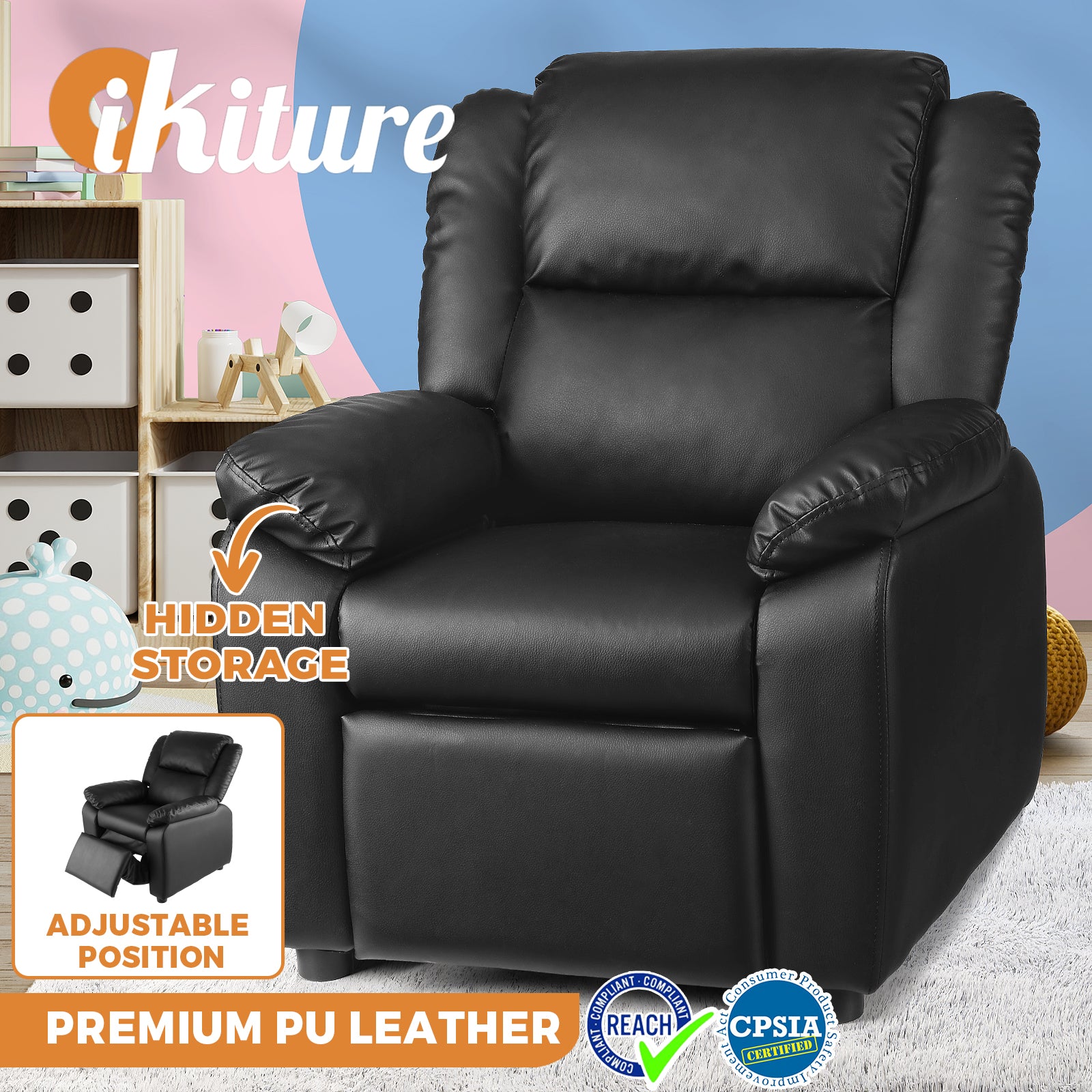 Oikiture Kids Recliner Sofa Children Lounge Chairs PU Couch Armchair w/ Storage - Sunyee