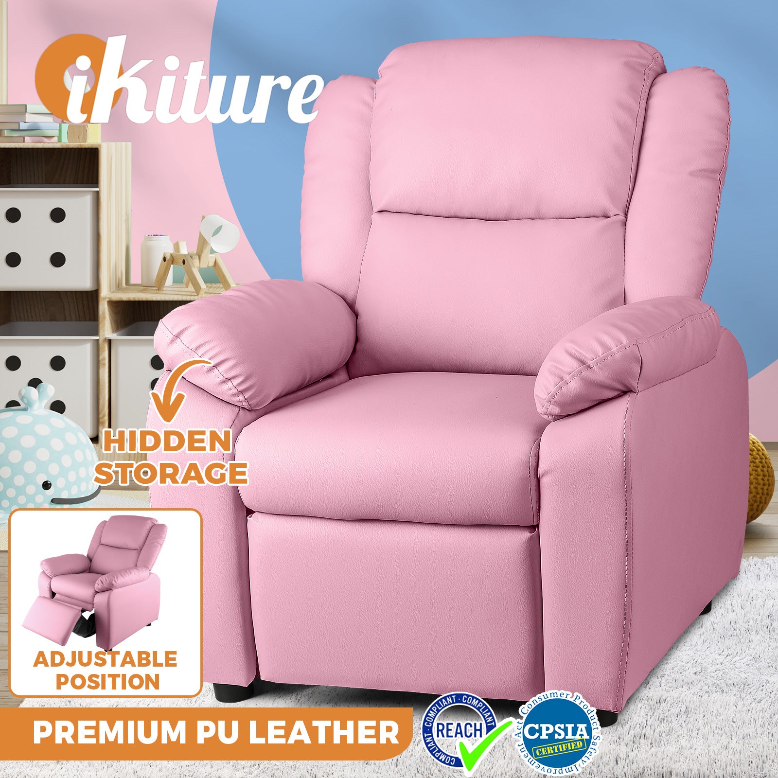 Oikiture Kids Recliner Chairs Children Lounge Sofa PU Armchair Storage Pink - Sunyee