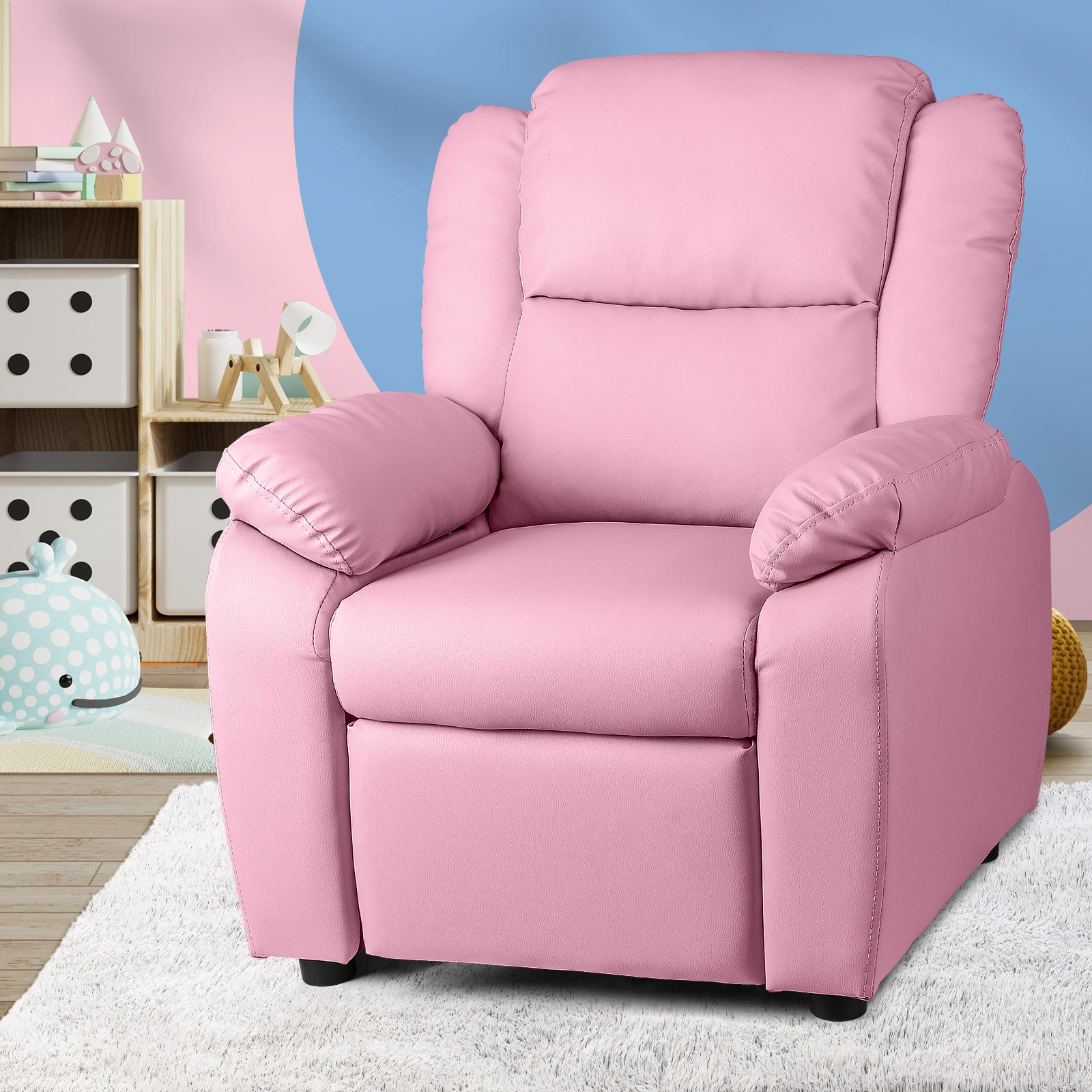 Oikiture Kids Recliner Chairs Children Lounge Sofa PU Armchair Storage Pink - Sunyee