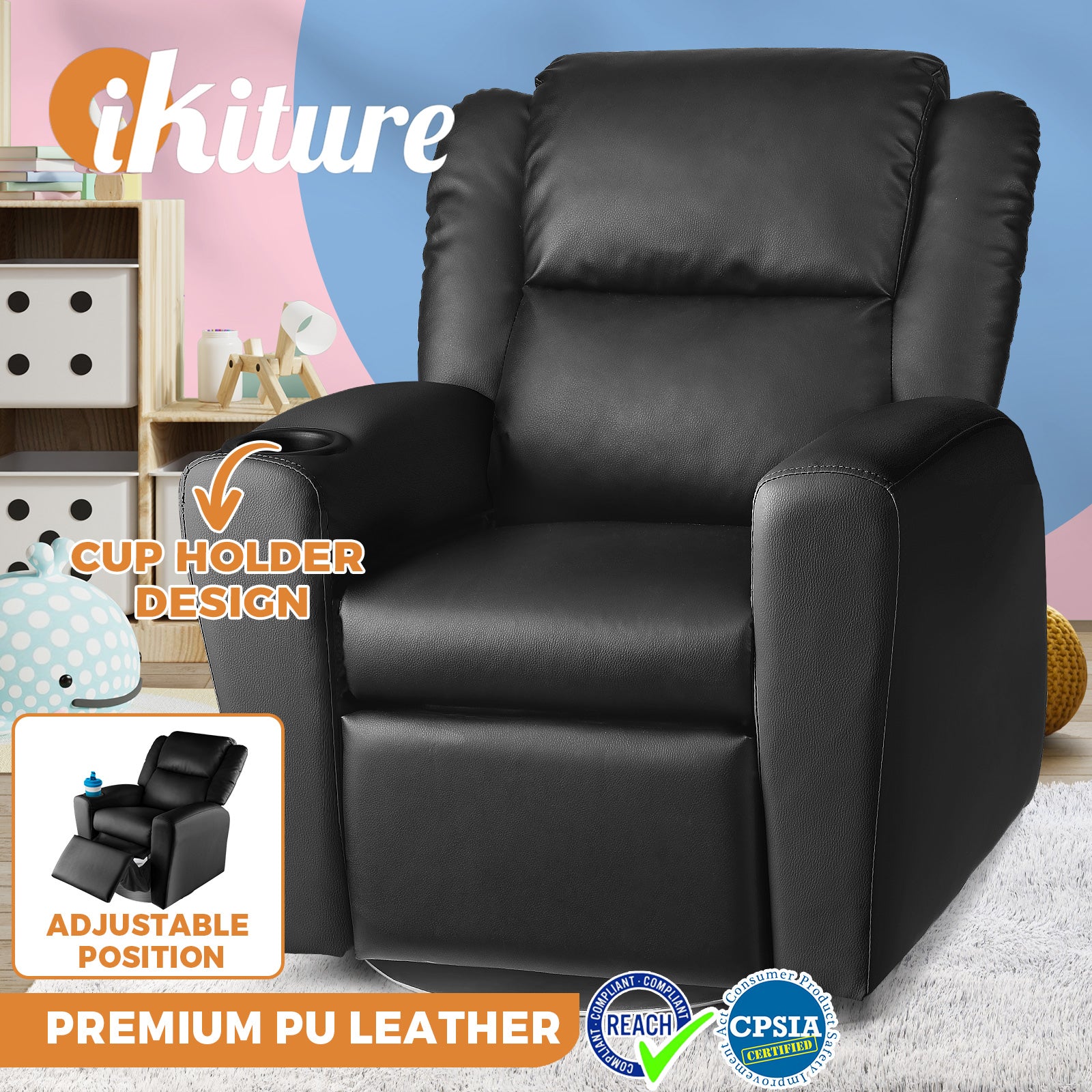 Oikiture Kids Recliner Chairs Rotatable Sofa Children Lounge PU Couch Armchair - Sunyee