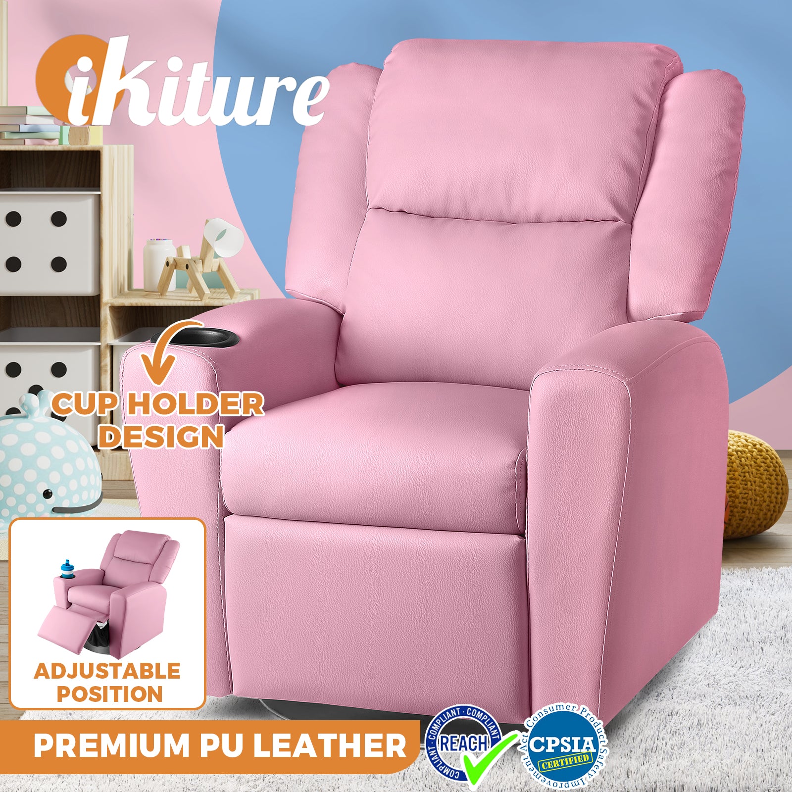 Oikiture Kids Recliner Sofa Children Lounge Chairs PU Armchair 360° Rotatable - Sunyee