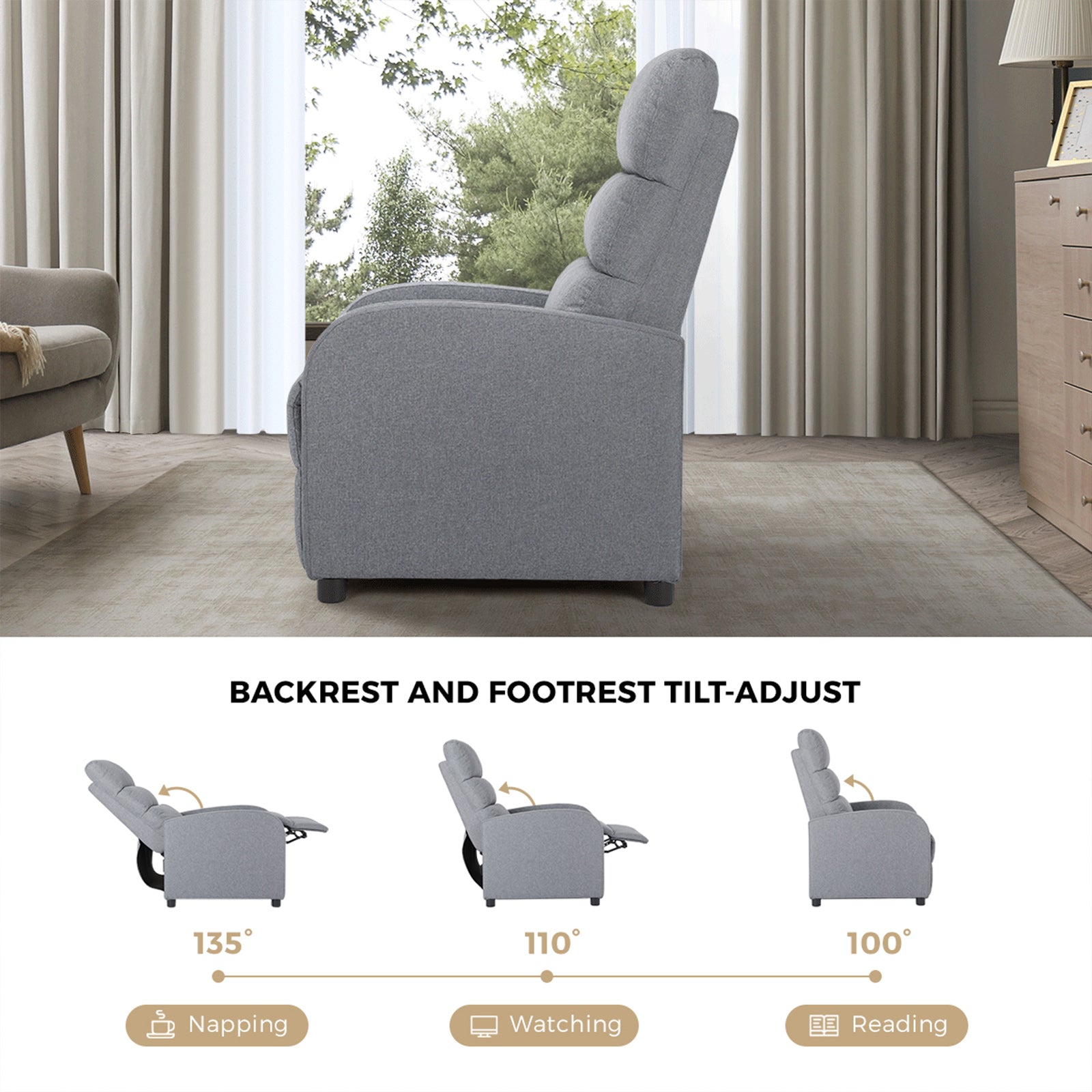 Oikiture Recliner Chair ArmChair Padded Sofa Lounge Adjustable Polyester Grey - Sunyee