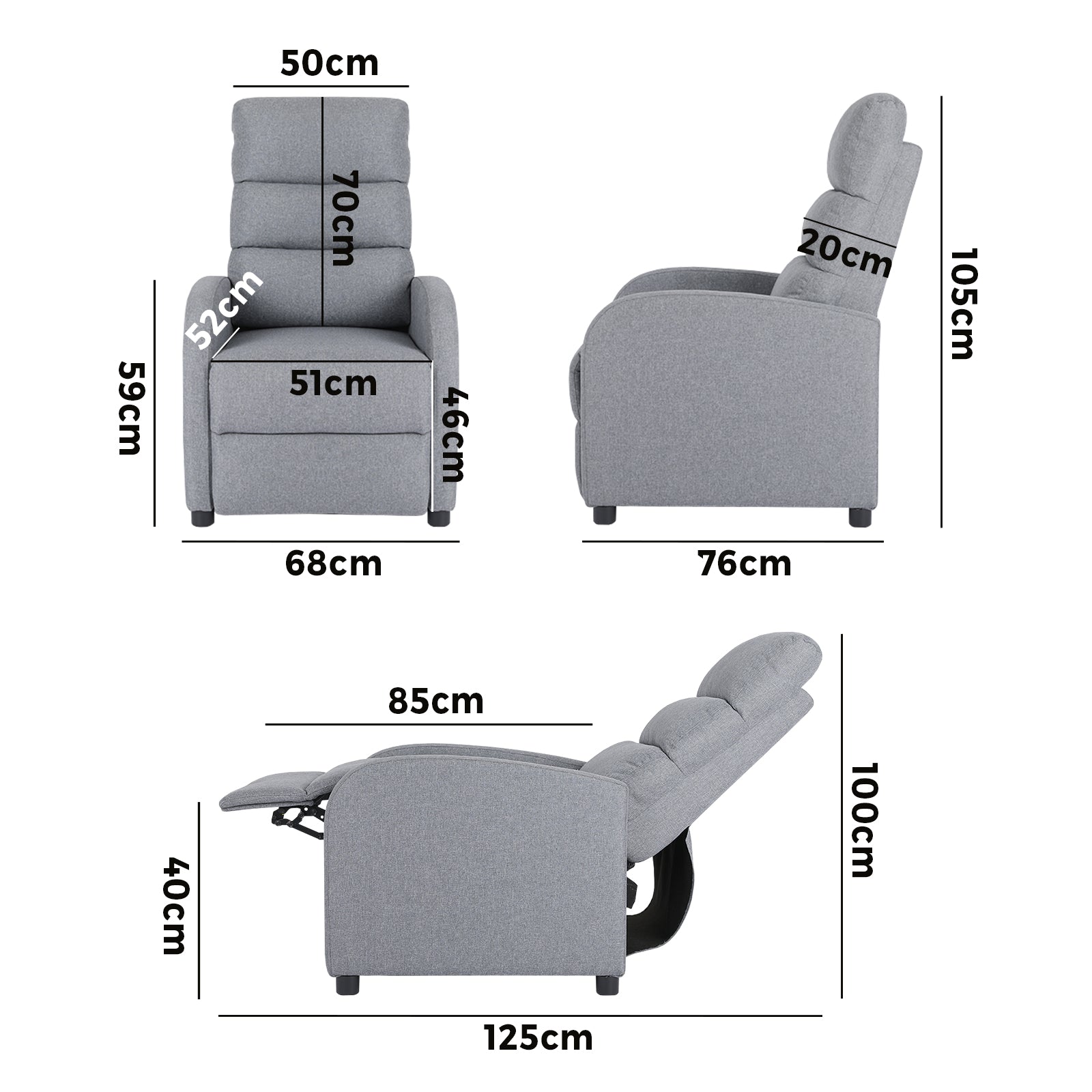 Oikiture Recliner Chair ArmChair Padded Sofa Lounge Adjustable Polyester Grey - Sunyee