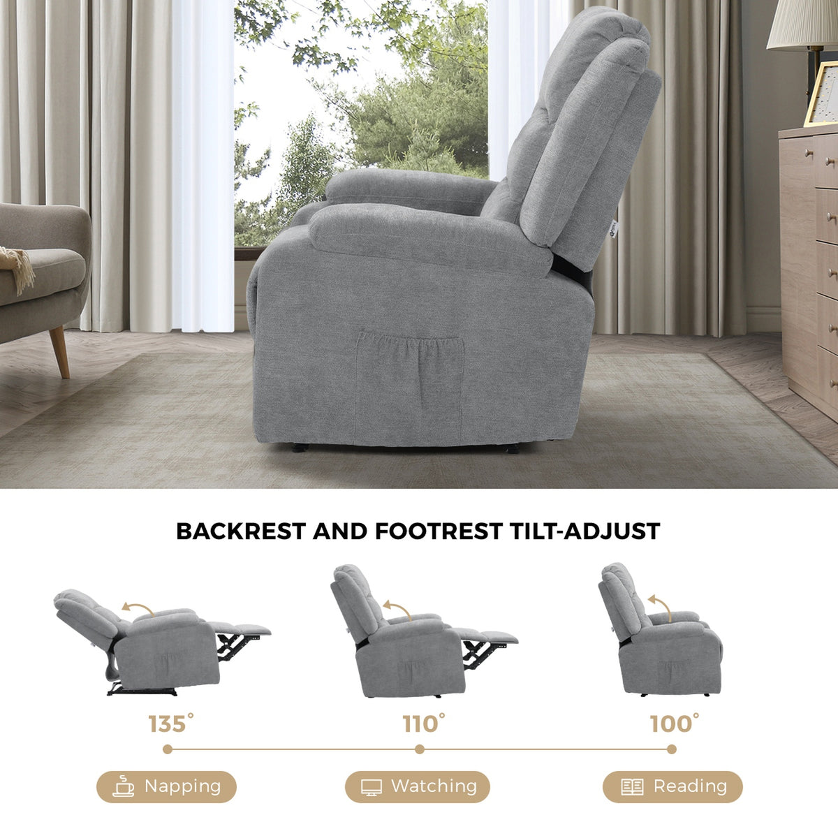 Oikiture Recliner Chair ArmChair Padded Lounge With Side Pocket Polyester/PU