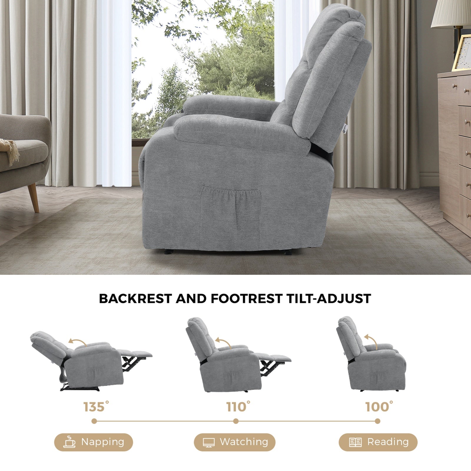 Oikiture Recliner Chair ArmChair Padded Lounge With Side Pocket Polyester/PU - Sunyee