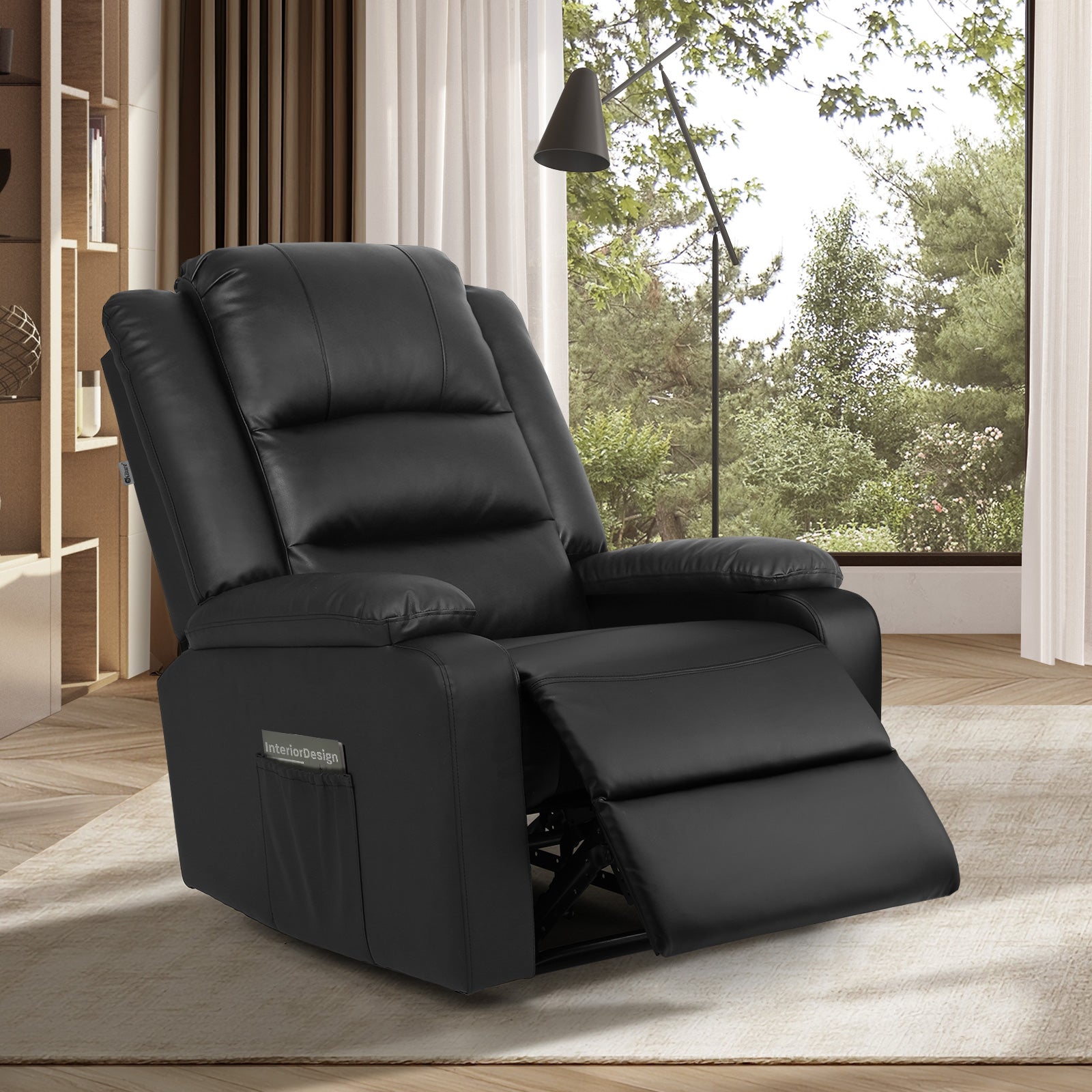 Oikiture Recliner Chair ArmChair Padded Lounge With Side Pocket Leather Black - Sunyee