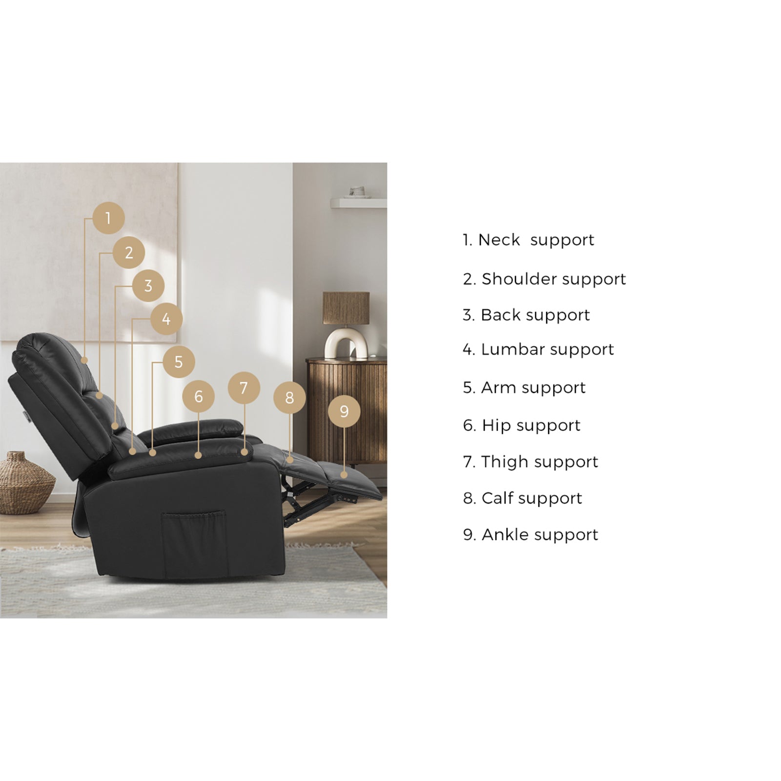 Oikiture Recliner Chair ArmChair Padded Lounge With Side Pocket Leather Black - Sunyee