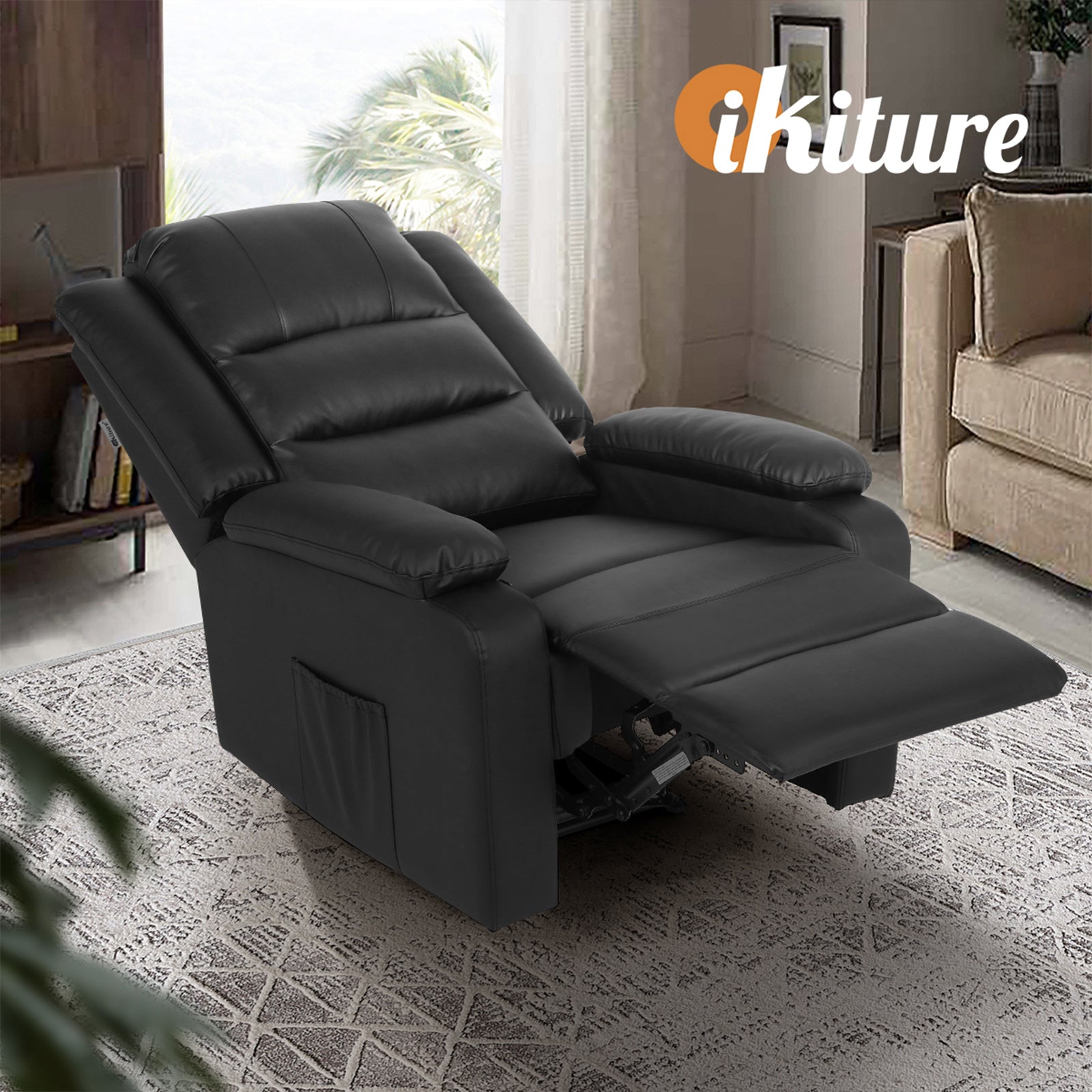 Oikiture Recliner Chair ArmChair Padded Lounge With Side Pocket Leather Black - Sunyee