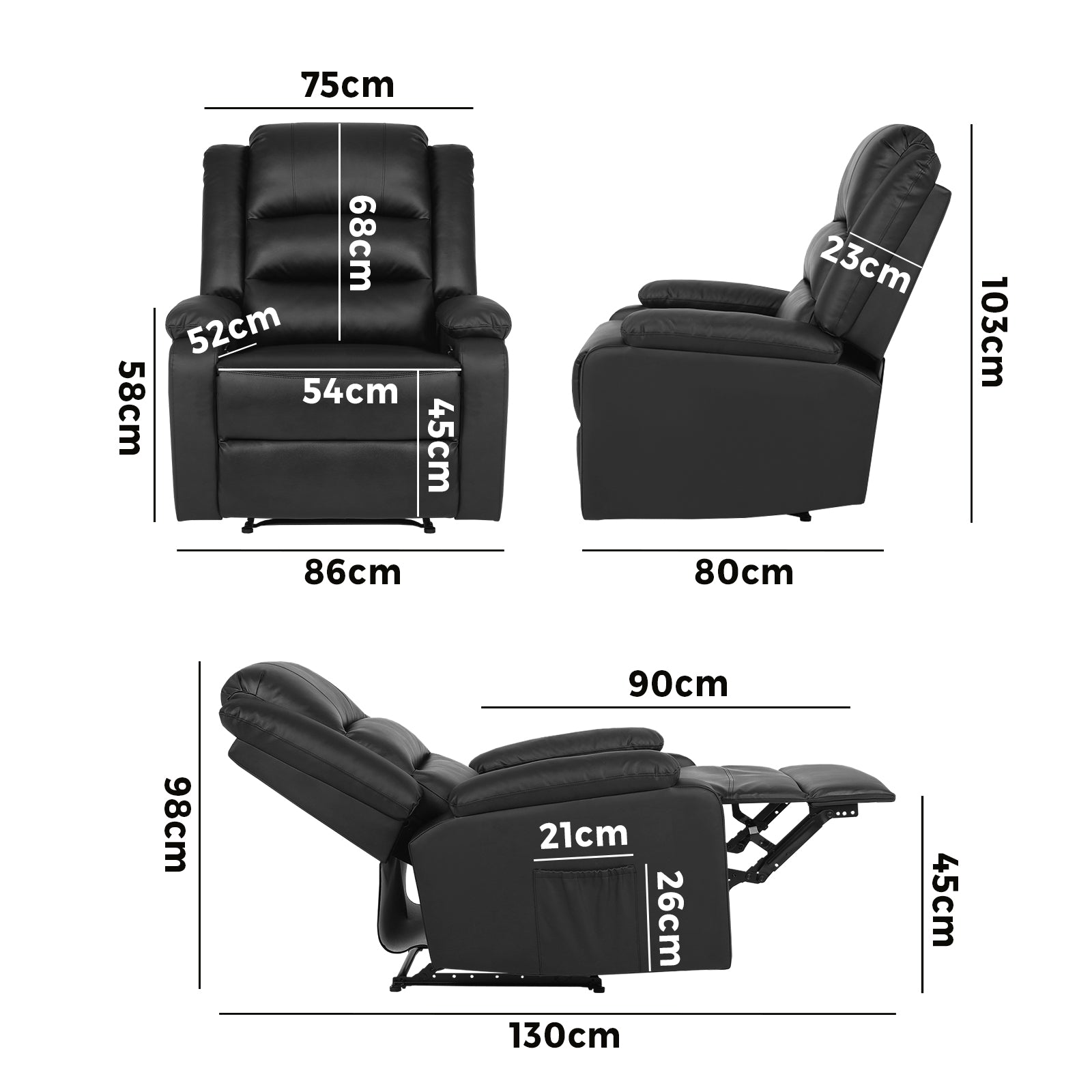 Oikiture Recliner Chair ArmChair Padded Lounge With Side Pocket Leather Black - Sunyee