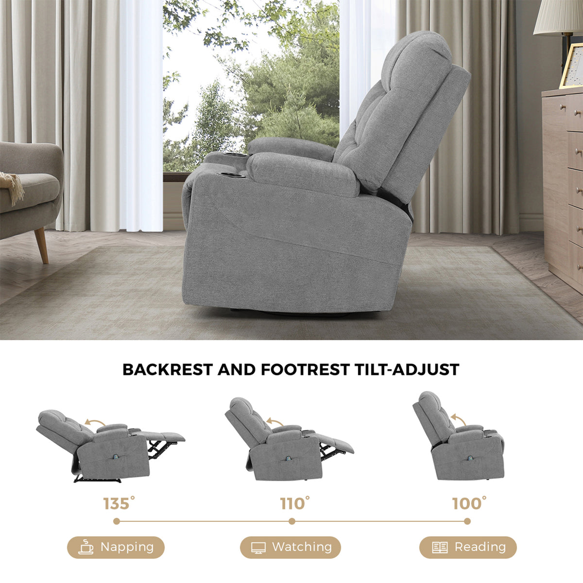 Oikiture Recliner Chair Electric Massage Chair Sofa Lounge Heated Polyester Grey - Sunyee