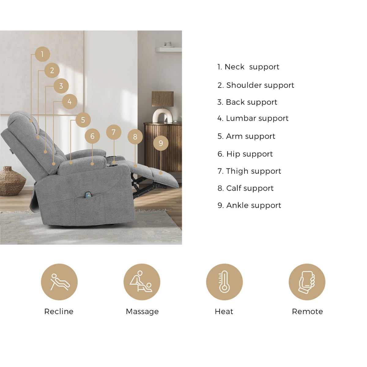 Oikiture Recliner Chair Electric Massage Chair Sofa Lounge Heated Polyester Grey - Sunyee