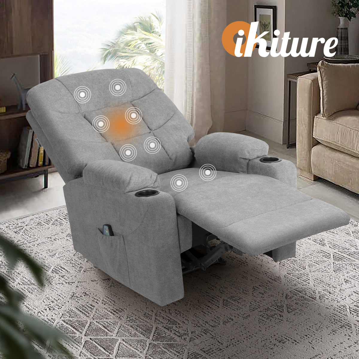 Oikiture Recliner Chair Electric Massage Chair Sofa Lounge Heated Polyester Grey - Sunyee