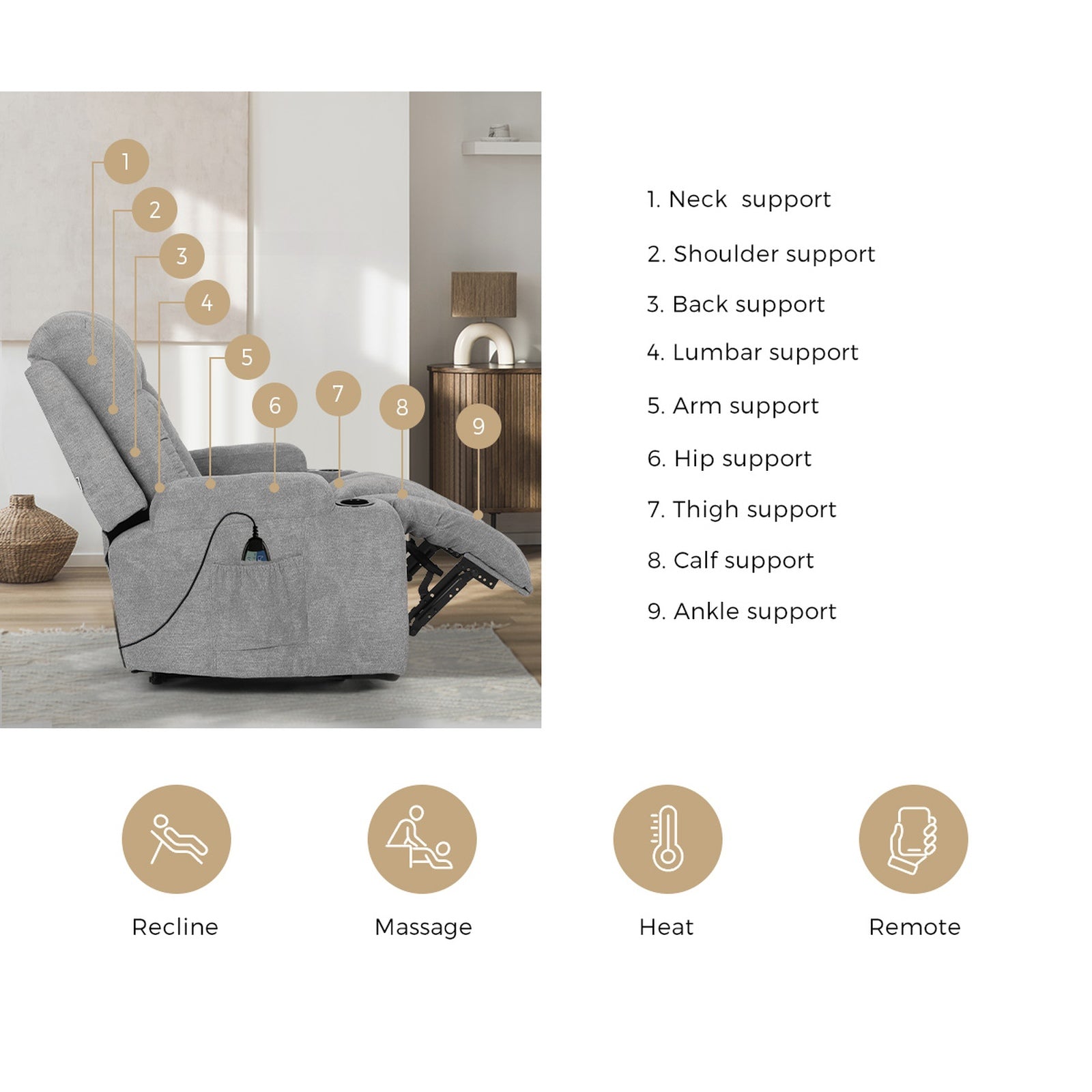 Oikiture Recliner Chair Heated Massage Armchair Lounge Sofa Polyester Grey