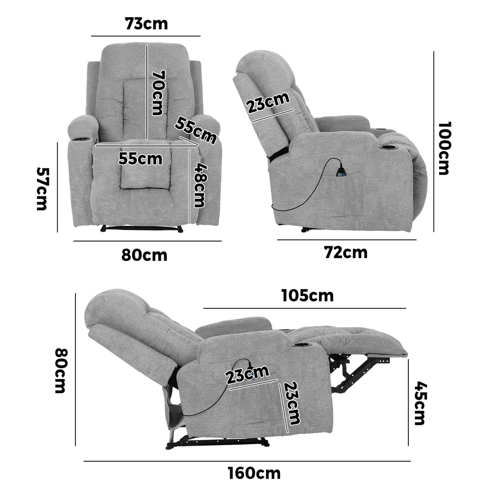 Oikiture Recliner Chair Heated Massage Armchair Lounge Sofa Polyester Grey