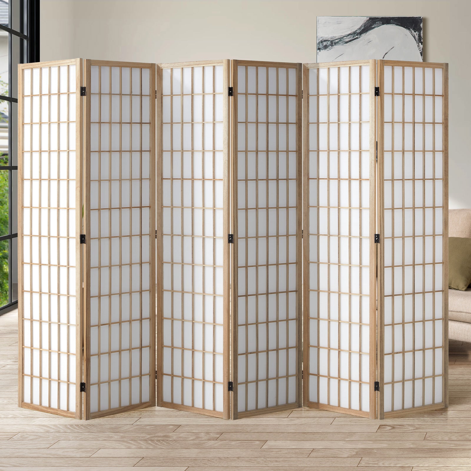 Oikiture 6 Panel Room Divider Privacy Screen Partition Timber Farbic Natural - Sunyee