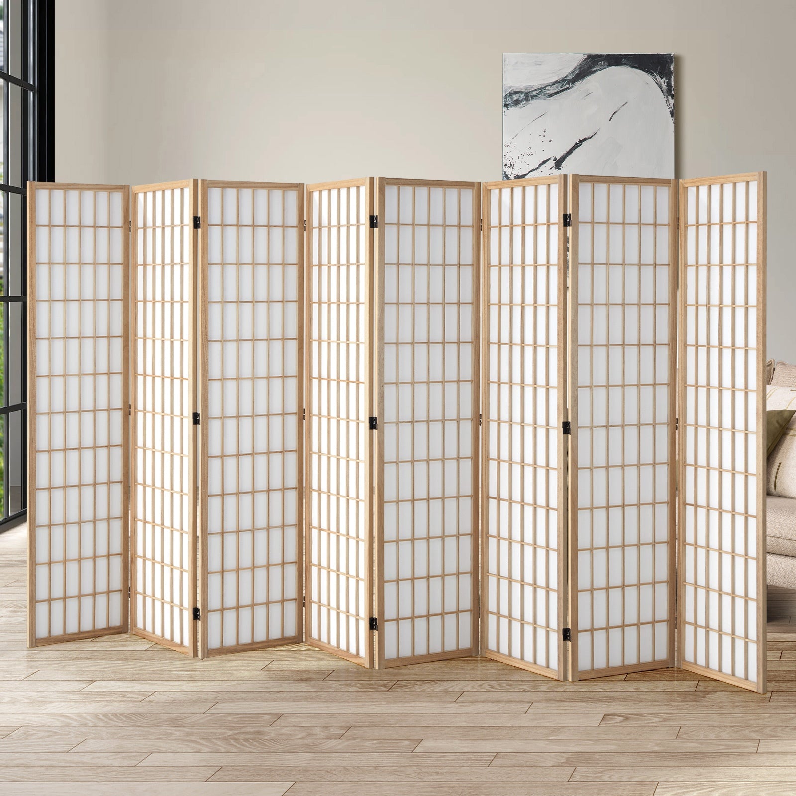Oikiture 6/8 Panel Room Divider Privacy Screen Partition Timber Farbic Natural - Sunyee