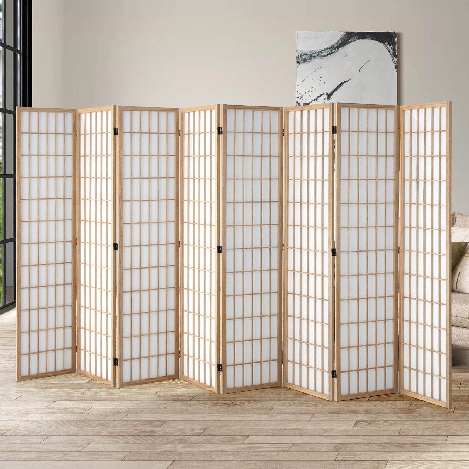 Oikiture 8 Panel Room Divider Privacy Screen Partition Timber Farbic Natural - Sunyee