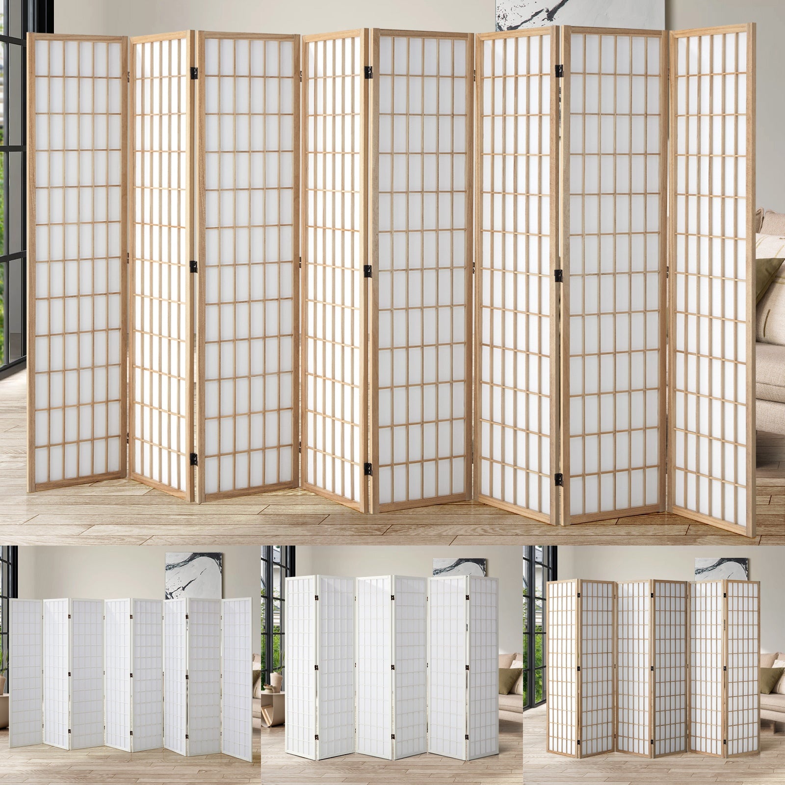 Oikiture 6/8 Panel Room Divider Privacy Screen Partition Timber Farbic Natural - Sunyee