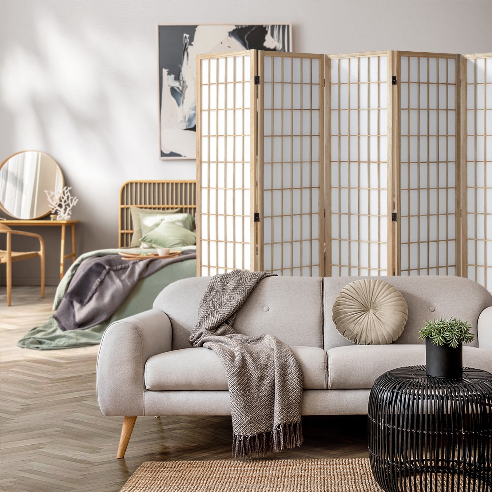 Oikiture 6/8 Panel Room Divider Privacy Screen Partition Timber Farbic Natural - Sunyee