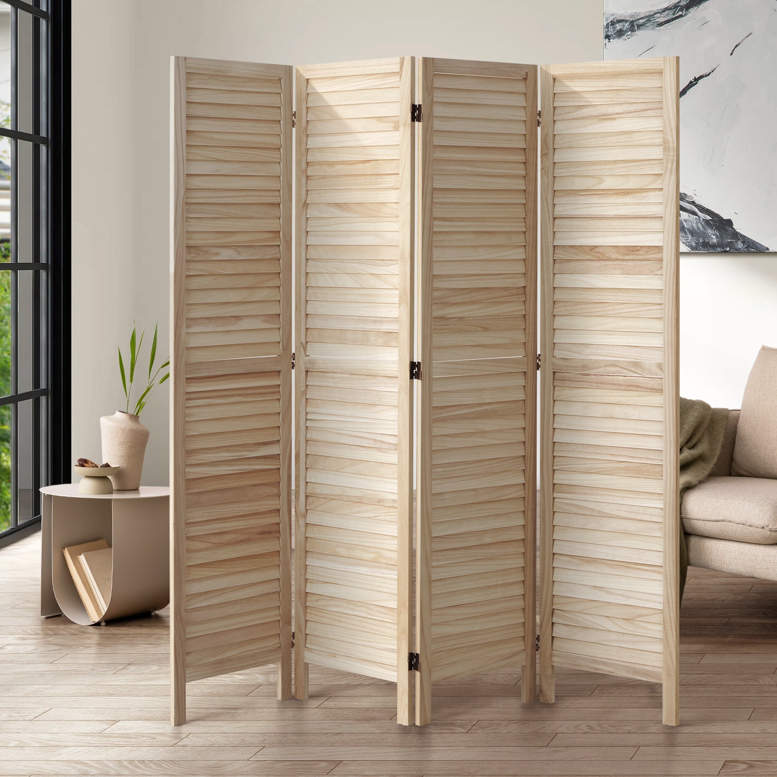 Oikiture 4 Panel Room Divider Privacy Screen Partition Timber Wooden Natural - Sunyee