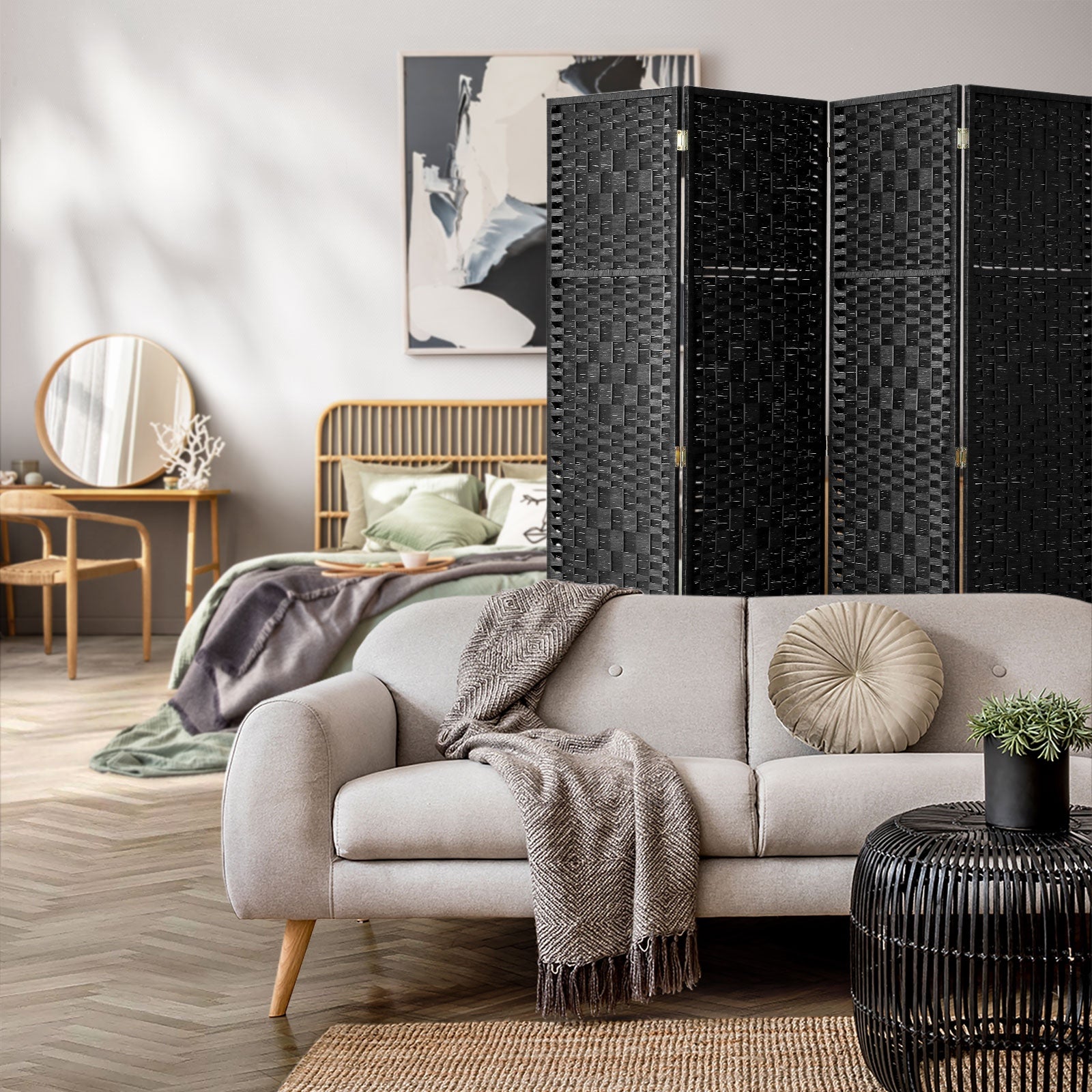 Oikiture 4 Panel Room Divider Screen Privacy Dividers Woven Wood Folding Black - Sunyee