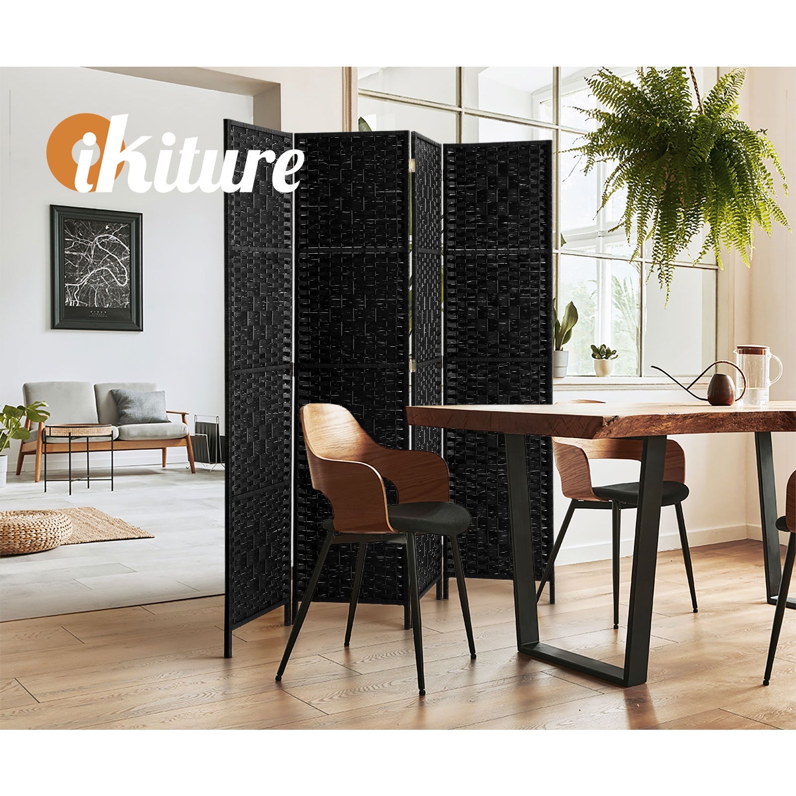 Oikiture 4 Panel Room Divider Screen Privacy Dividers Woven Wood Folding Black - Sunyee