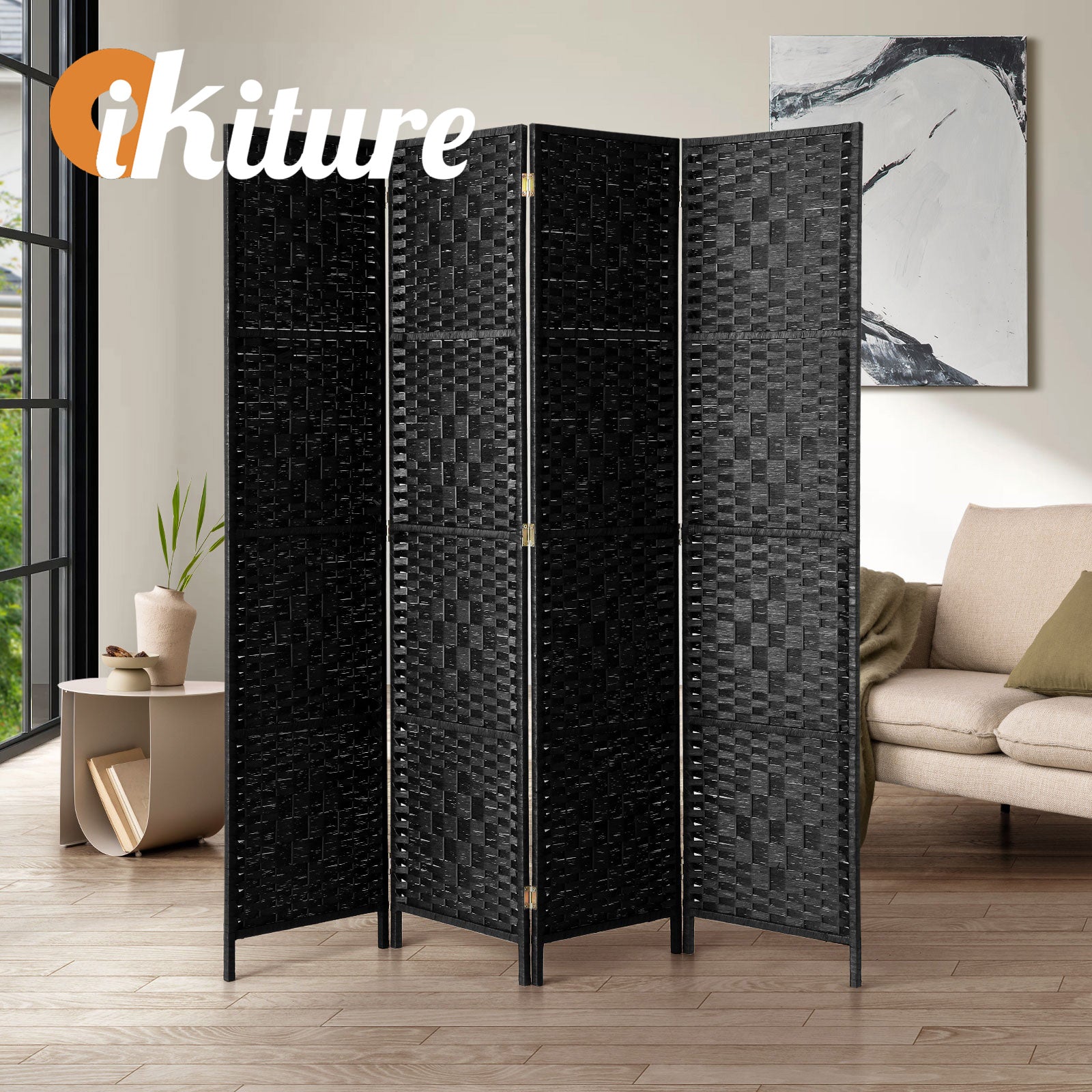 Oikiture 4 Panel Room Divider Screen Privacy Dividers Woven Wood Folding Black - Sunyee