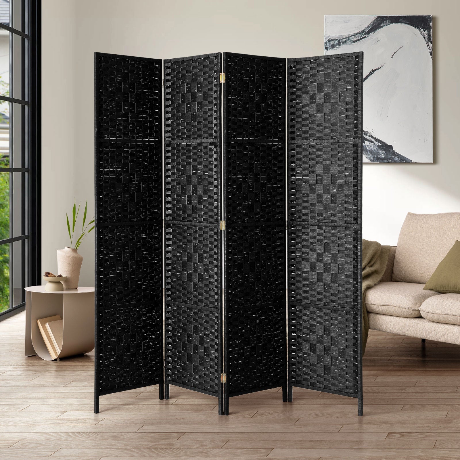 Oikiture 4 Panel Room Divider Screen Privacy Dividers Woven Wood Folding Black - Sunyee