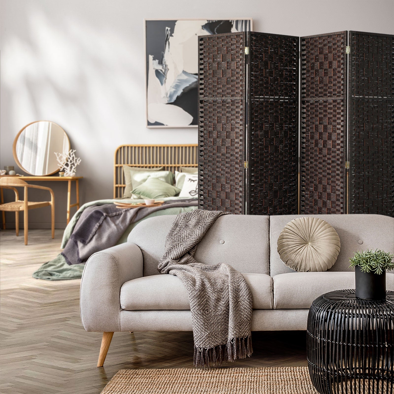 Oikiture 4 Panel Room Divider Screen Privacy Dividers Woven Wood Folding Brown - Sunyee