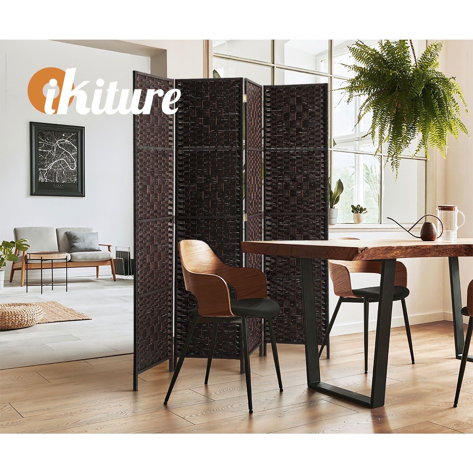 Oikiture 4 Panel Room Divider Screen Privacy Dividers Woven Wood Folding Brown - Sunyee