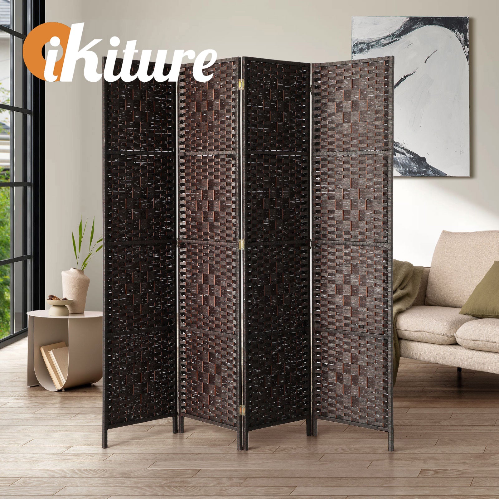 Oikiture 4 Panel Room Divider Screen Privacy Dividers Woven Wood Folding Brown - Sunyee