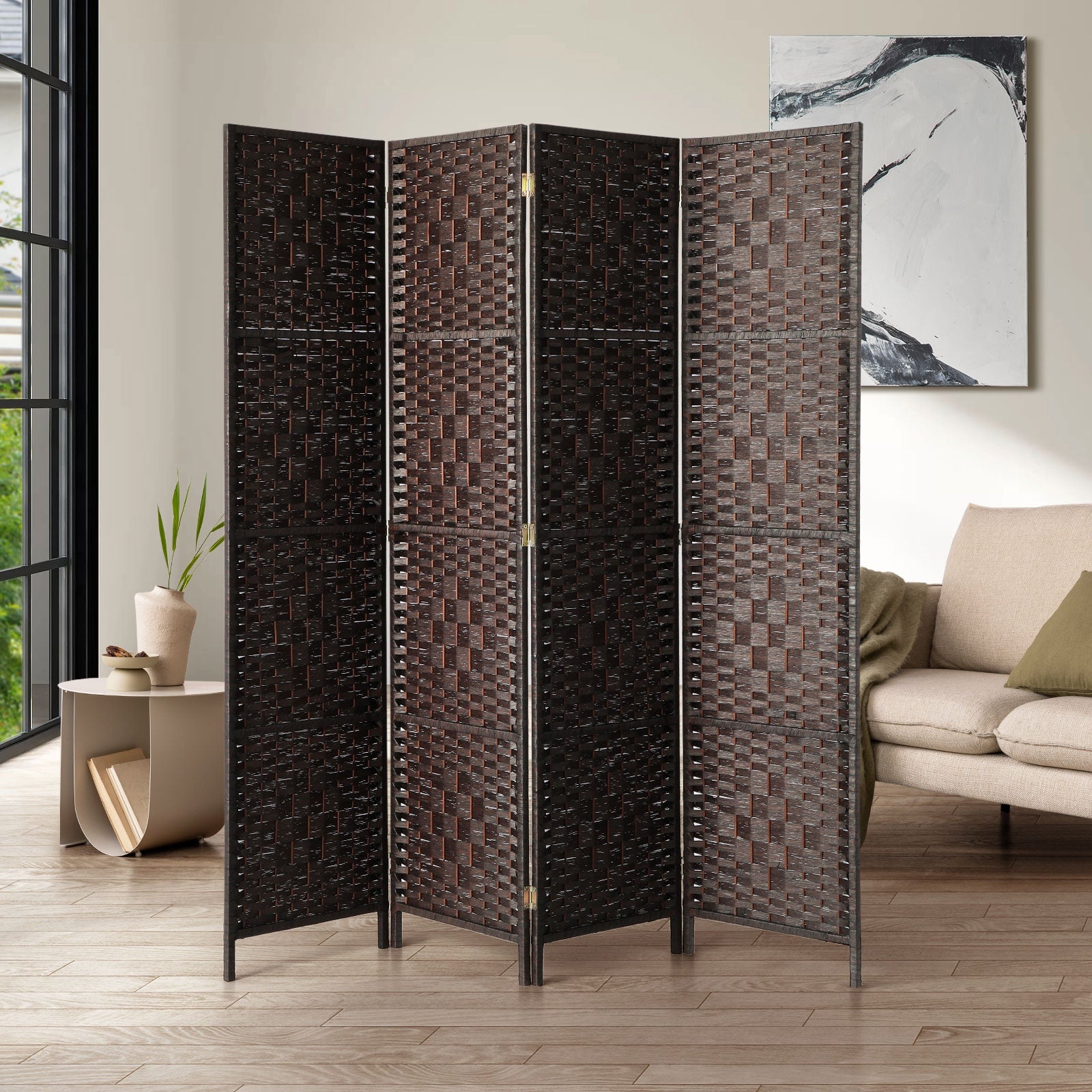 Oikiture 4 Panel Room Divider Screen Privacy Dividers Woven Wood Folding Brown - Sunyee