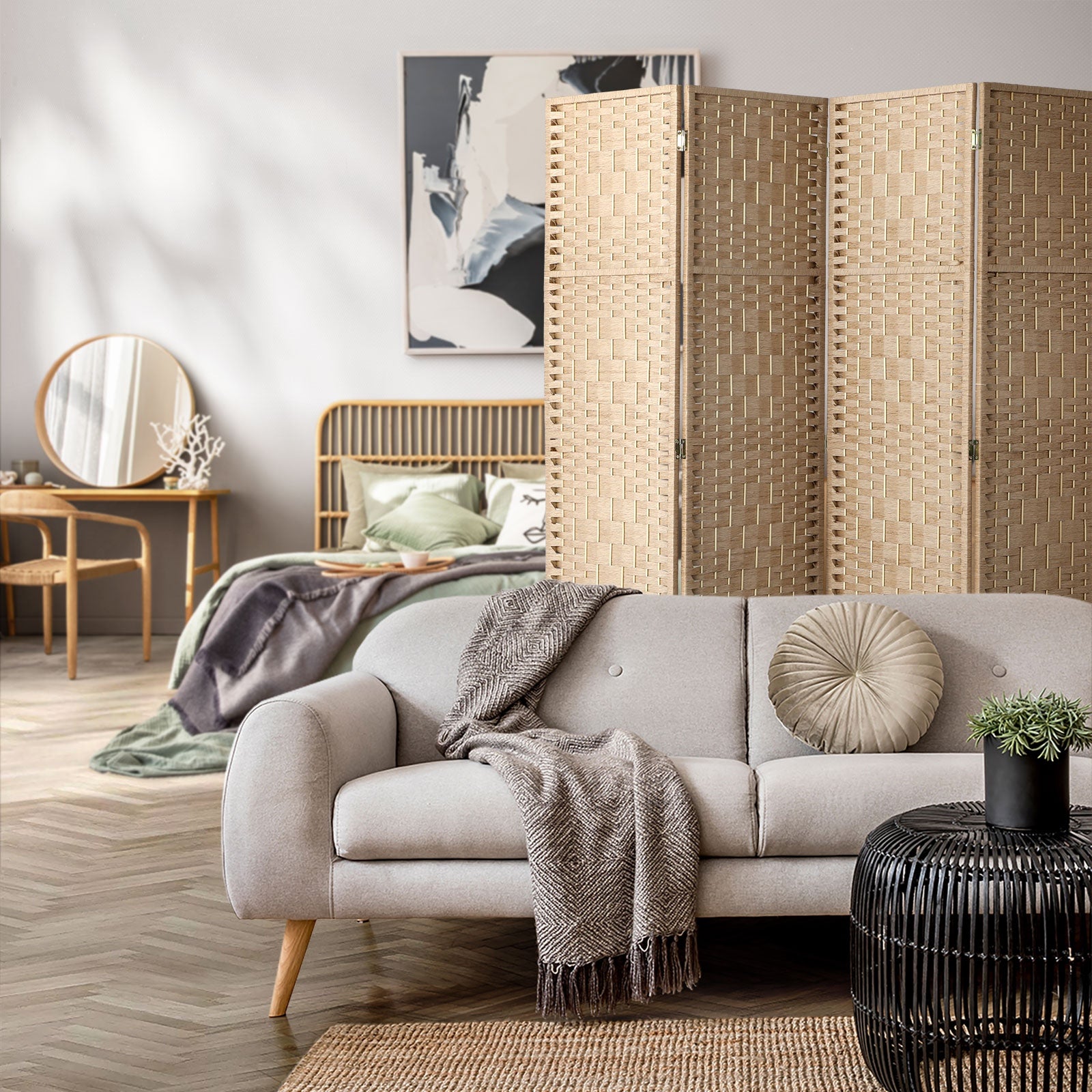 Oikiture 4 Panel Room Divider Privacy Screen Dividers Woven Wood Fold Stand - Sunyee