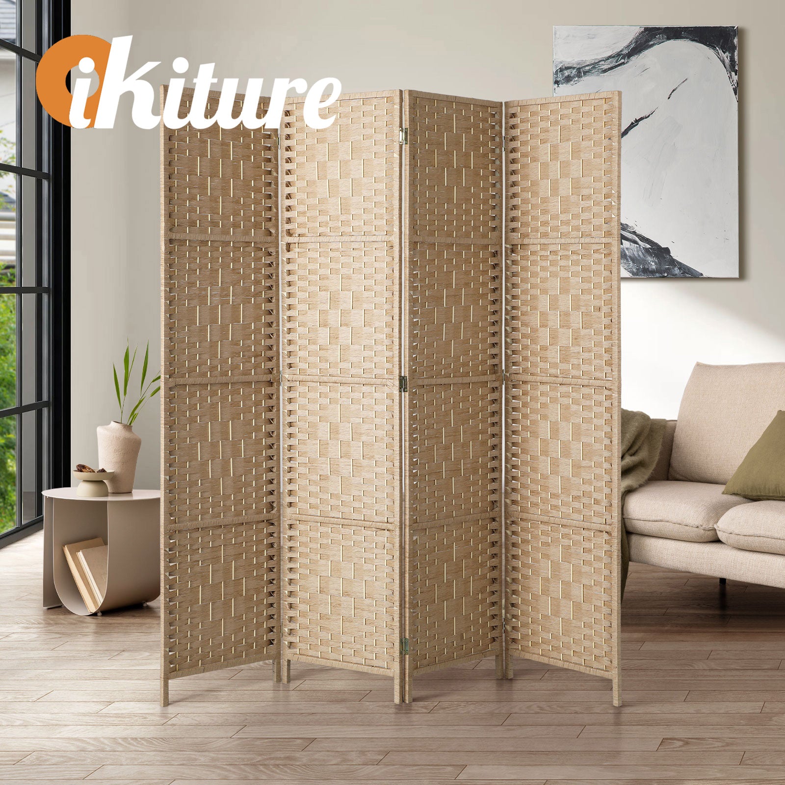 Oikiture 4 Panel Room Divider Privacy Screen Dividers Woven Wood Fold Stand - Sunyee