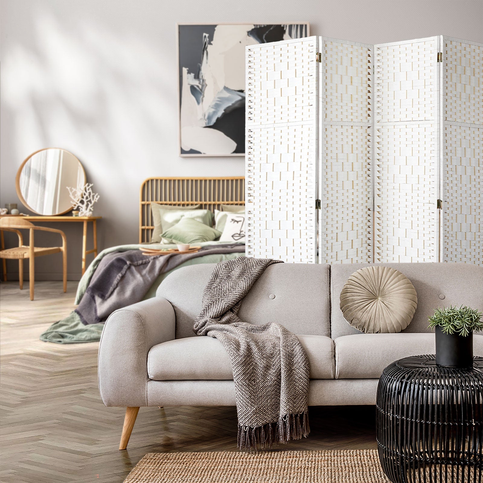 Oikiture 4 Panel Room Divider Screen Privacy Dividers Woven Wood Folding White - Sunyee