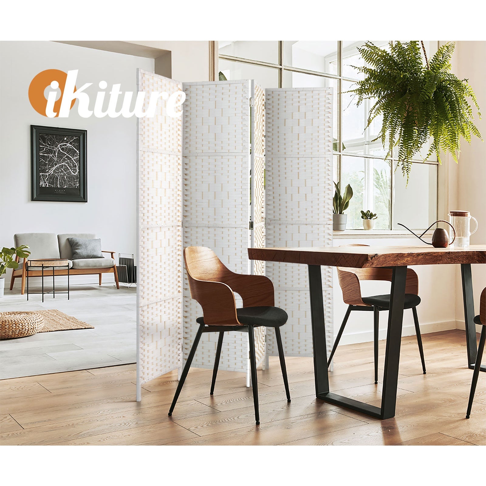 Oikiture 4 Panel Room Divider Screen Privacy Dividers Woven Wood Folding White - Sunyee