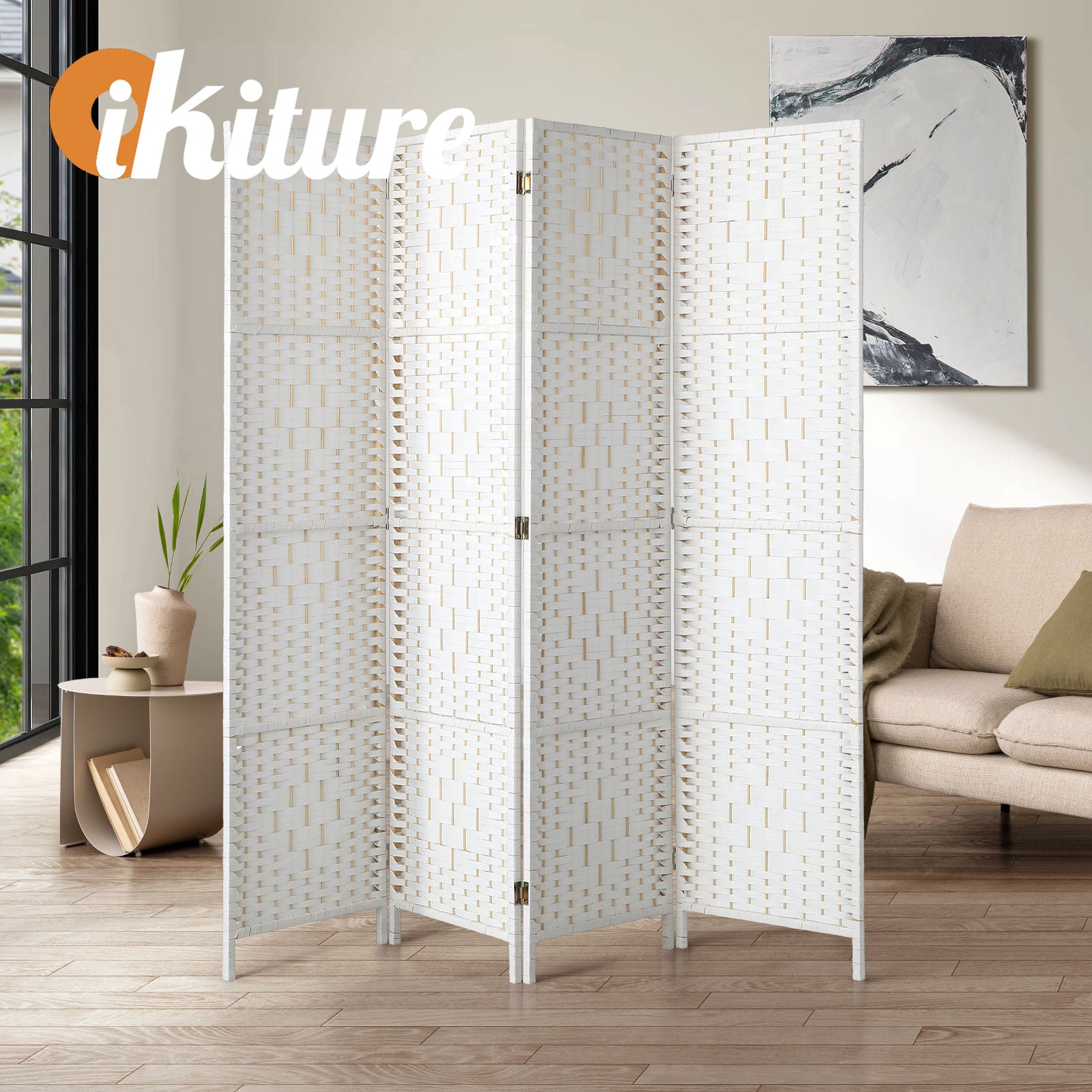 Oikiture 4 Panel Room Divider Screen Privacy Dividers Woven Wood Folding White - Sunyee