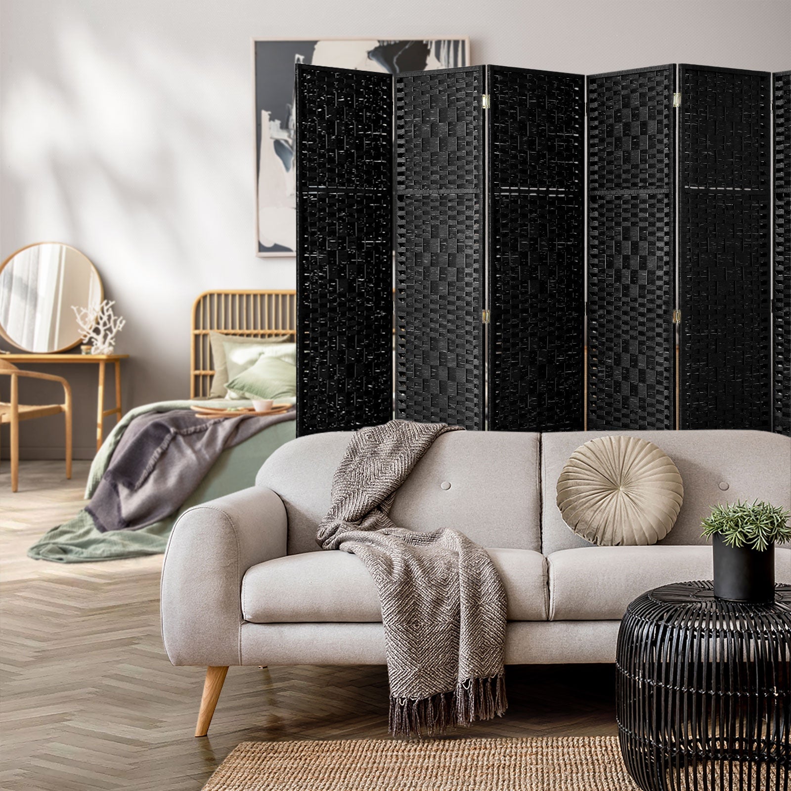 Oikiture 6 Panel Room Divider Screen Privacy Dividers Woven Wood Folding Black - Sunyee