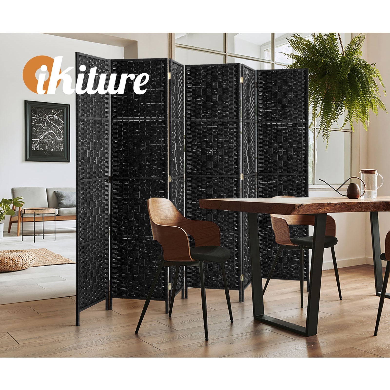 Oikiture 6 Panel Room Divider Screen Privacy Dividers Woven Wood Folding Black - Sunyee