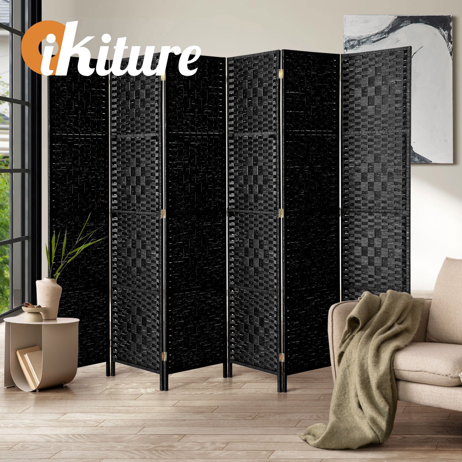 Oikiture 6 Panel Room Divider Screen Privacy Dividers Woven Wood Folding Black - Sunyee