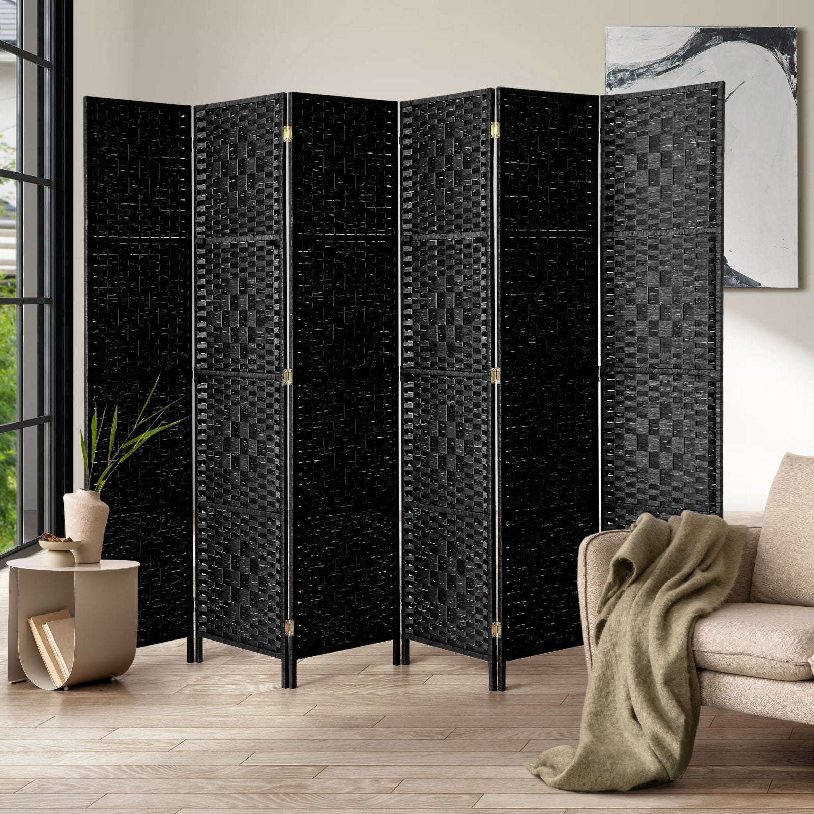 Oikiture 6 Panel Room Divider Screen Privacy Dividers Woven Wood Folding Black - Sunyee