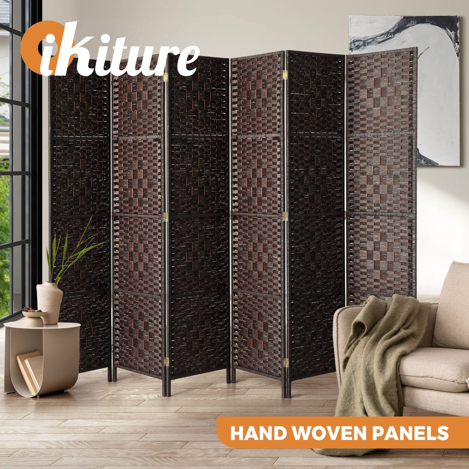 Oikiture 4/6/8 Panel Room Divider Privacy Screen Dividers Woven Wood Fold Stand - Sunyee