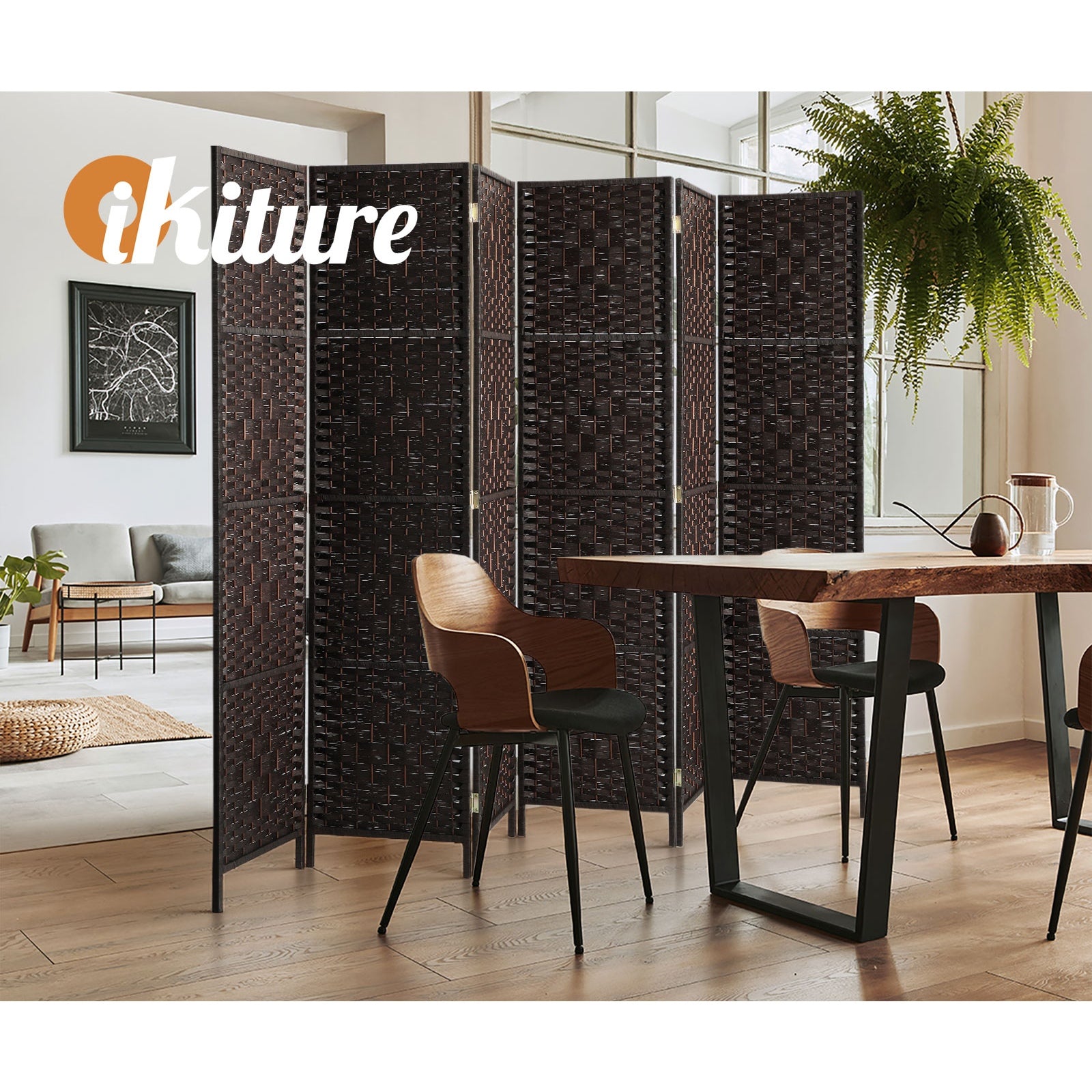 Oikiture 6 Panel Room Divider Screen Privacy Dividers Woven Wood Folding Brown - Sunyee